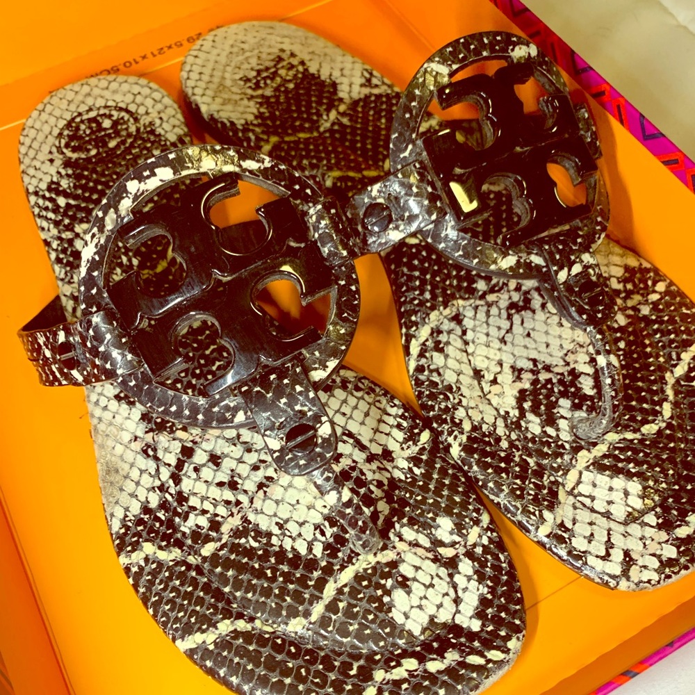 Tory Burch Miller Black and White Reptile sandals